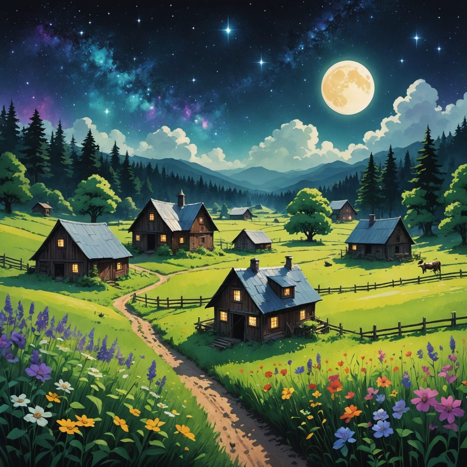 Fantasy Farm Village Under Nebula Sky Watercolor
