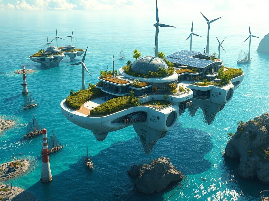 Sustainable Solarpunk City Soars Above Crystal Ocean in Vibr...