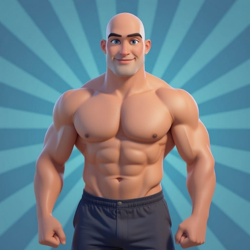 Buff Bald Man with Blue Eyes in Pixar Style