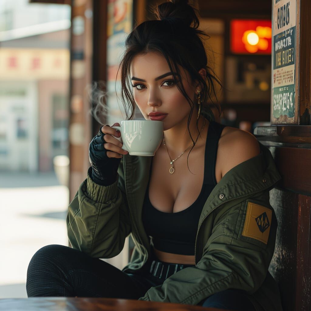 Clove from Valorant Sipping Coffee: Cinematic Film Still