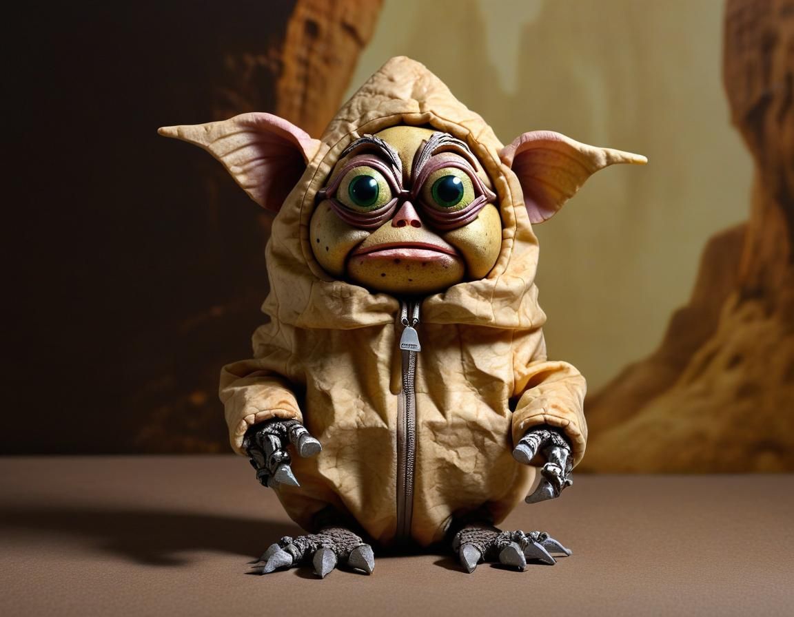 Potato Gremlin Character with Cave Formation Backdrop