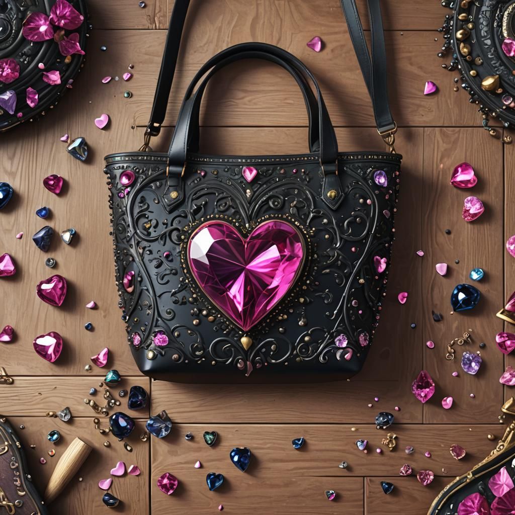 Jewel-Encrusted Black Tote Bag with Pink Heart