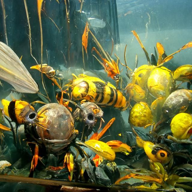 Terrifying Wasp Swarm in Fish Tank, Photorealistic Art