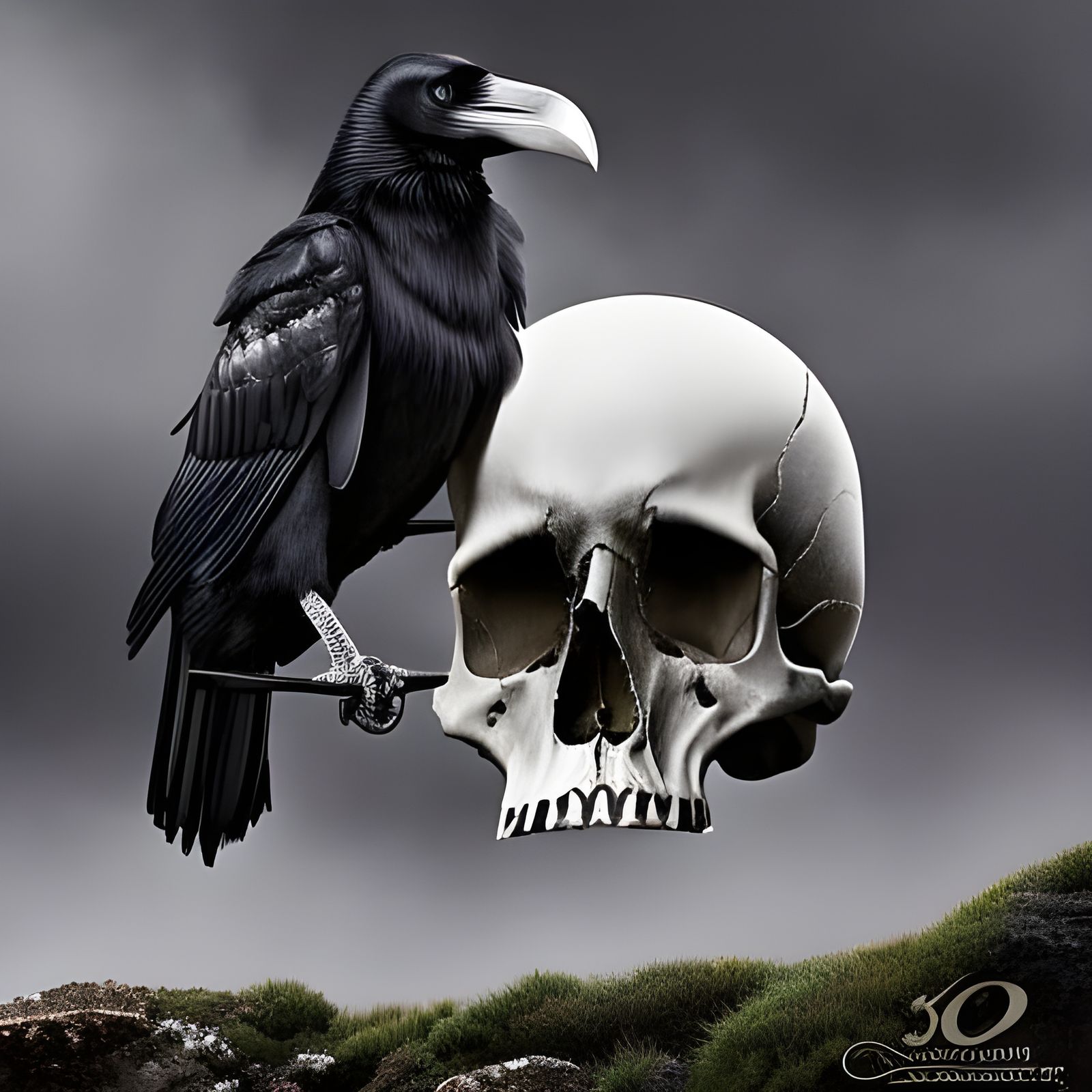 Skull and Raven in Dark Digital 3D Art