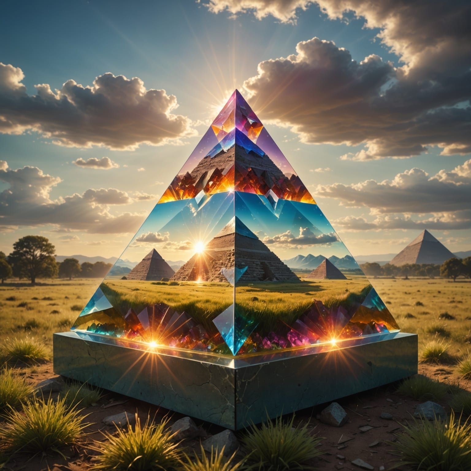 Crystal Pyramid in Field Refracts Sunlight