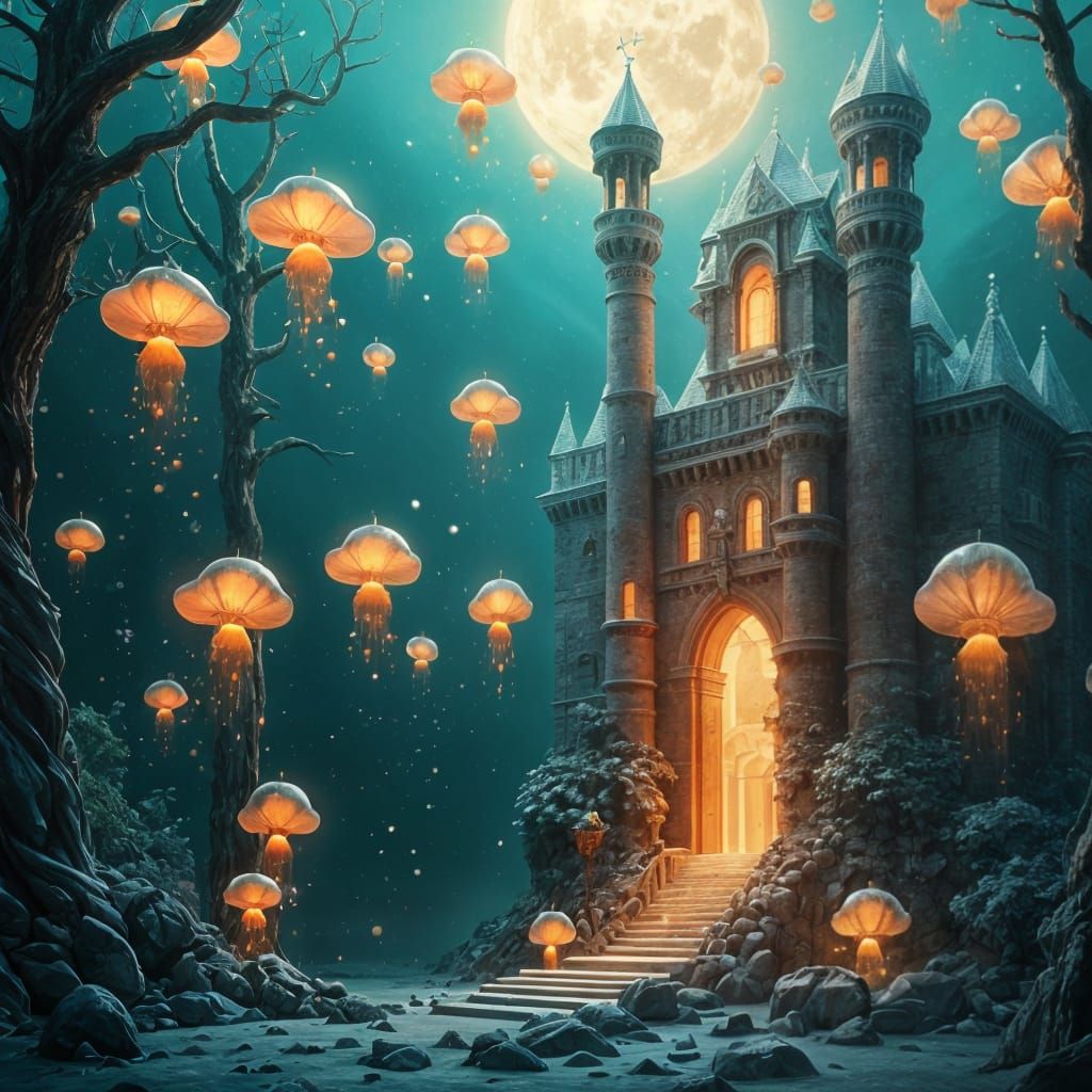 Surreal Underwater Castle in Vibrant Orange and Teal