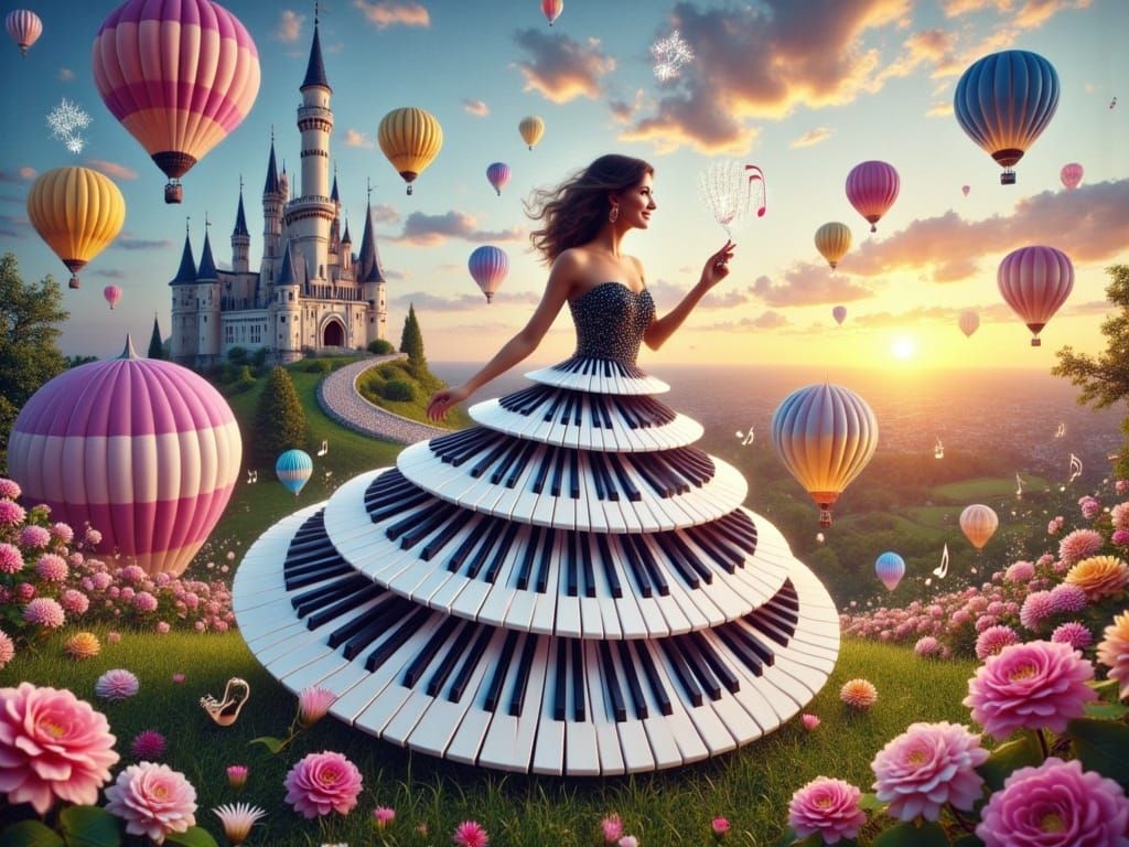 Whimsical Piano Castle Under a Pastel Sunset Sky with Hot Ai...