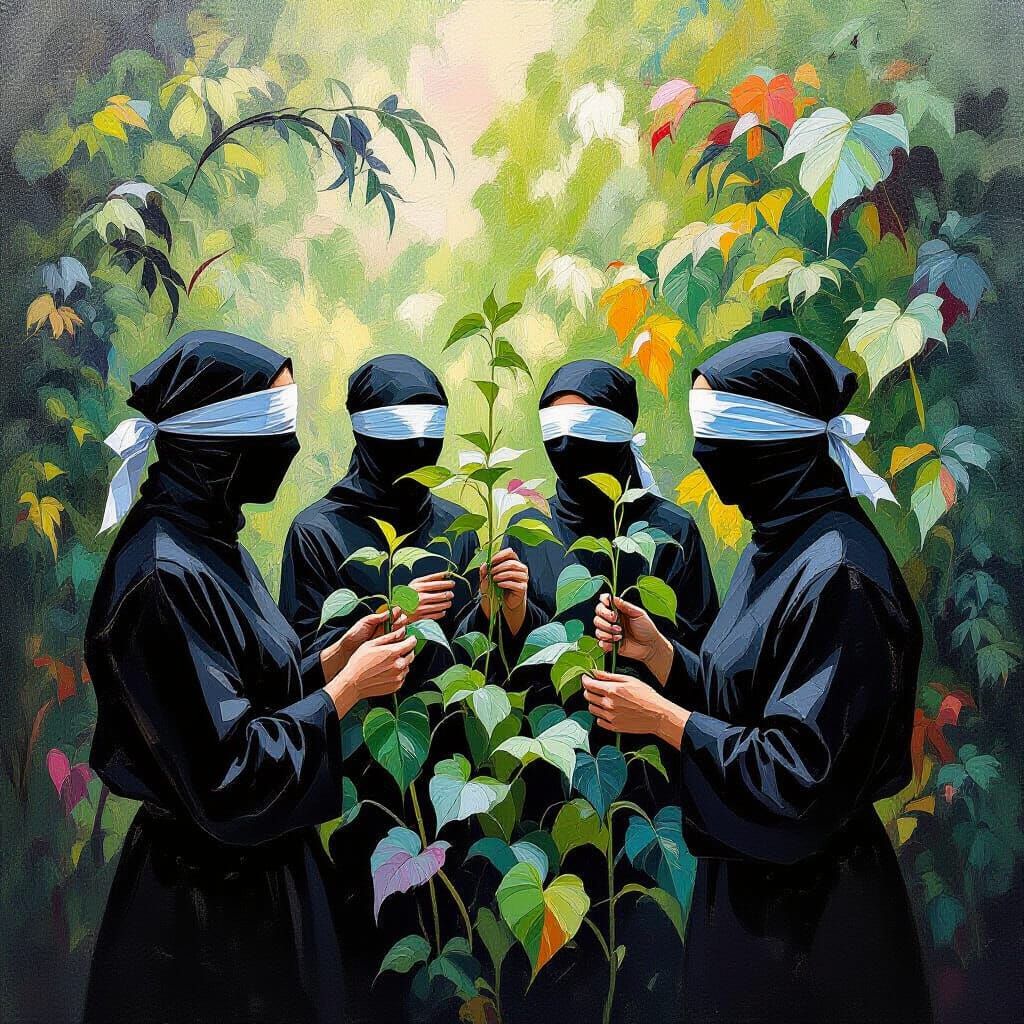 A dark impressionist oil painting captures blindfolded garde...