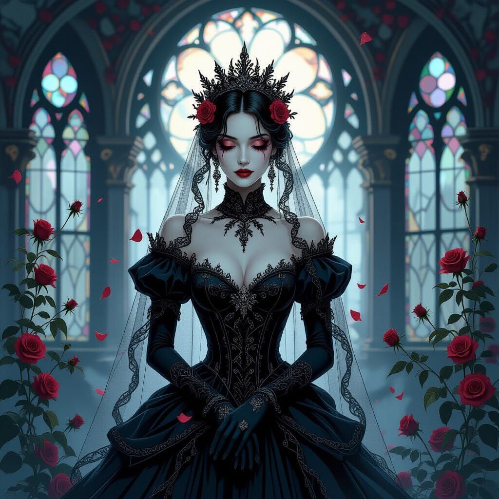 Gothic Queen in Decaying Ballroom, Dark Fantasy Illustration