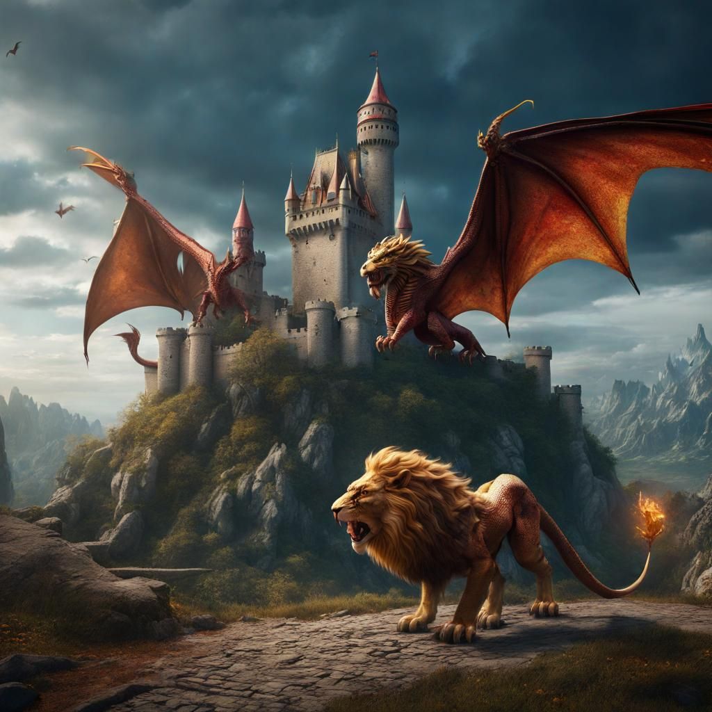 Dragon and Lion Fantasy Castle Art