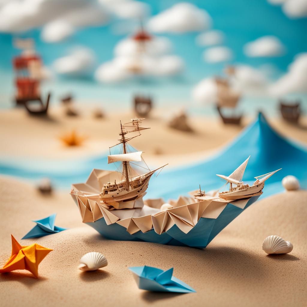 Colorful Beach with Shipwreck in Origami Style