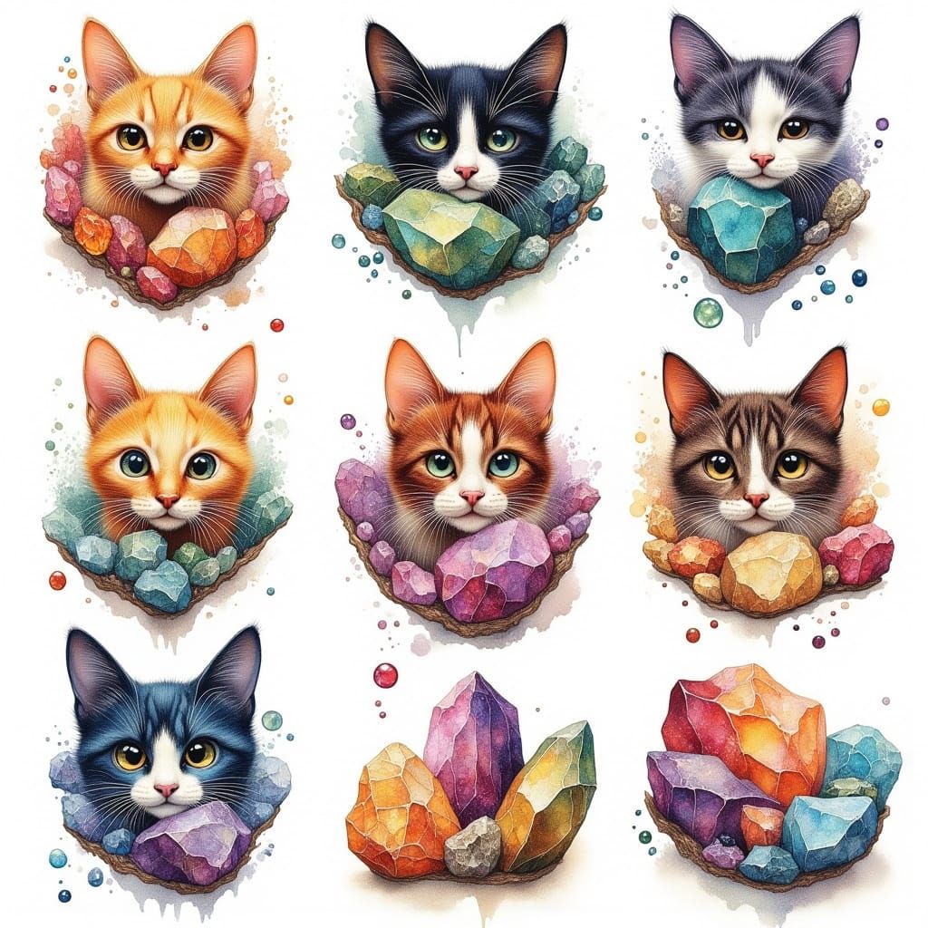 Gemstone Cats in Mystical Digital Art Style