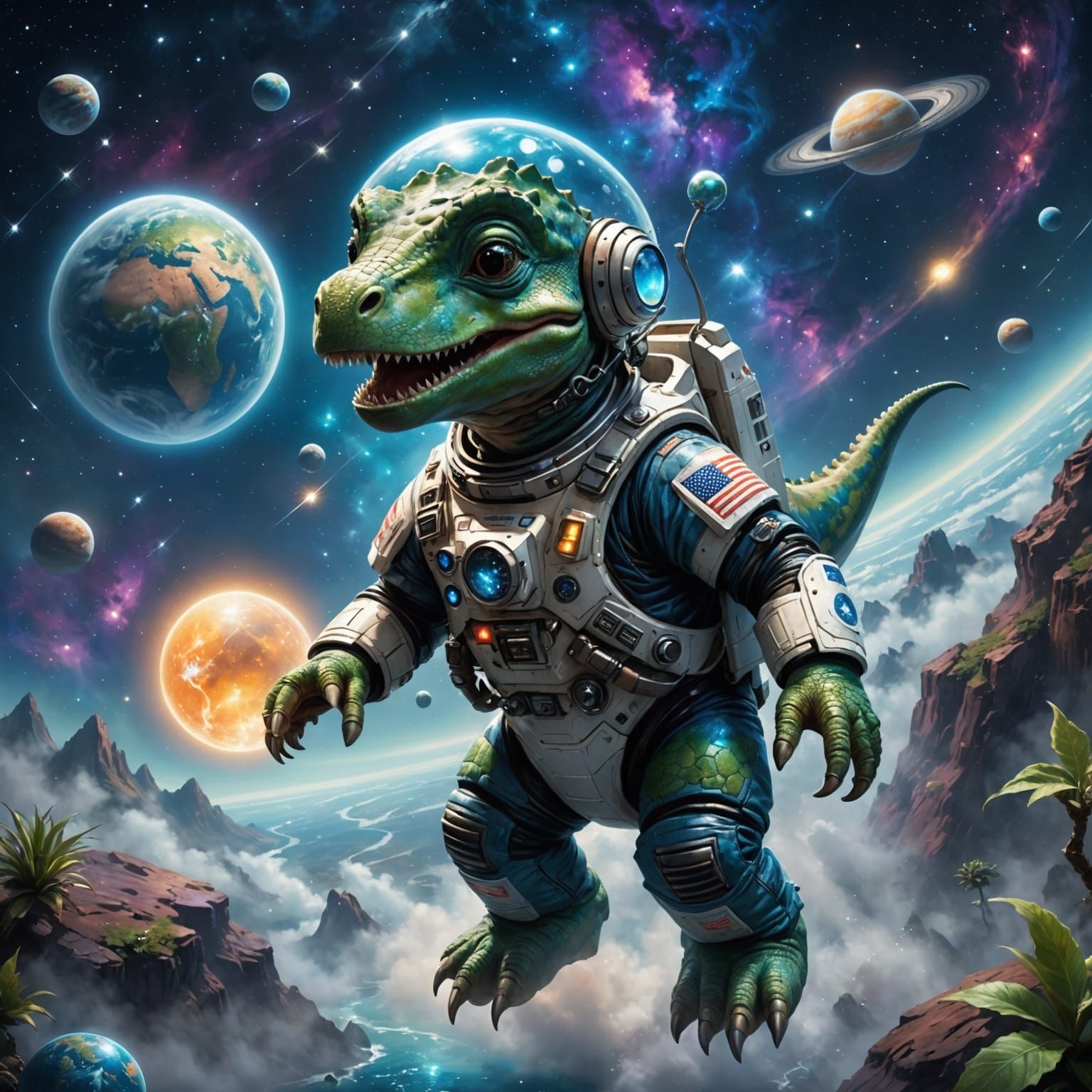 Baby Dinosaur in Space Suit Explores Ethereal Planet