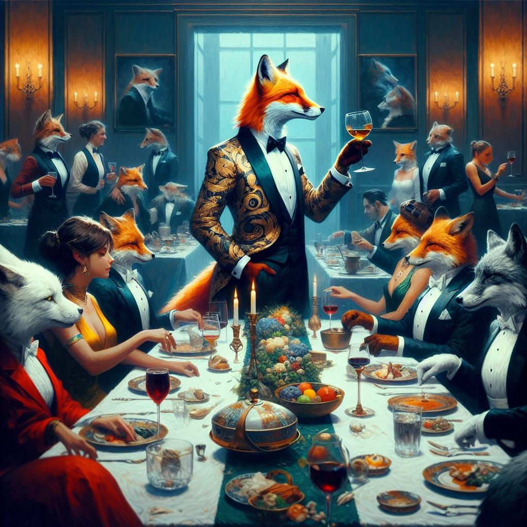 Dapper Fox Hosts Elegant Dinner Party in Matte Painting Styl...
