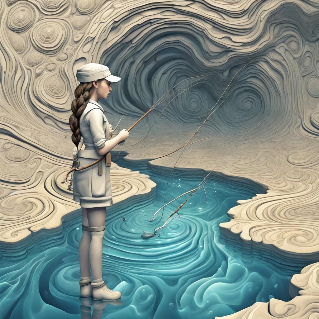 Woman Fishing on Fossils with Opal Water