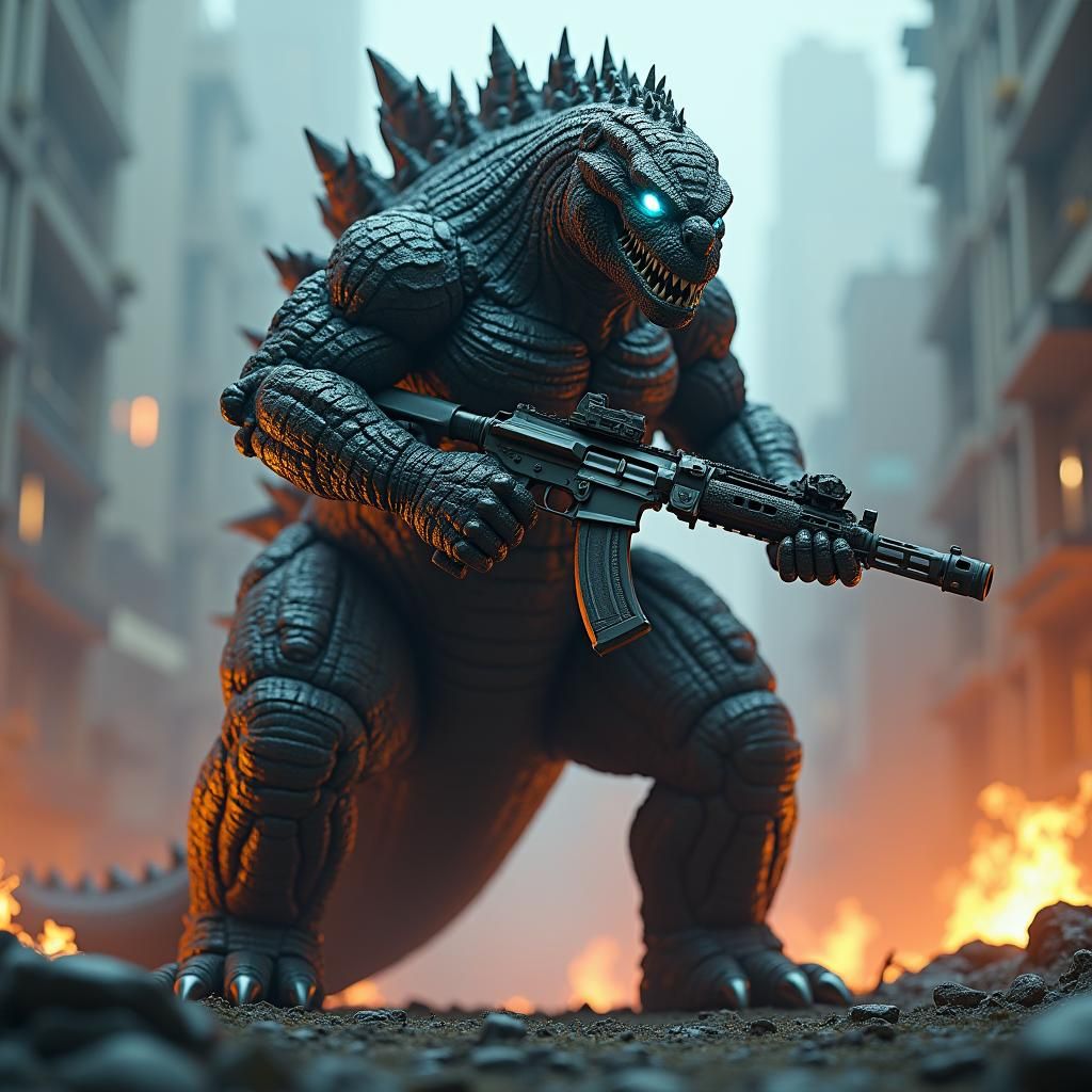 Godzilla with AK-47 in Apocalyptic Cityscape