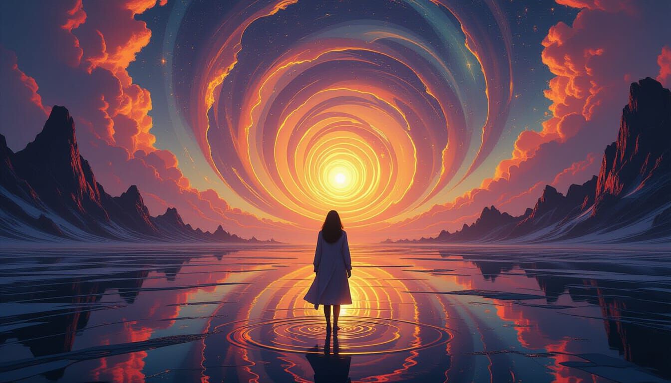 Surreal Dimension-Defying Landscape with Woman