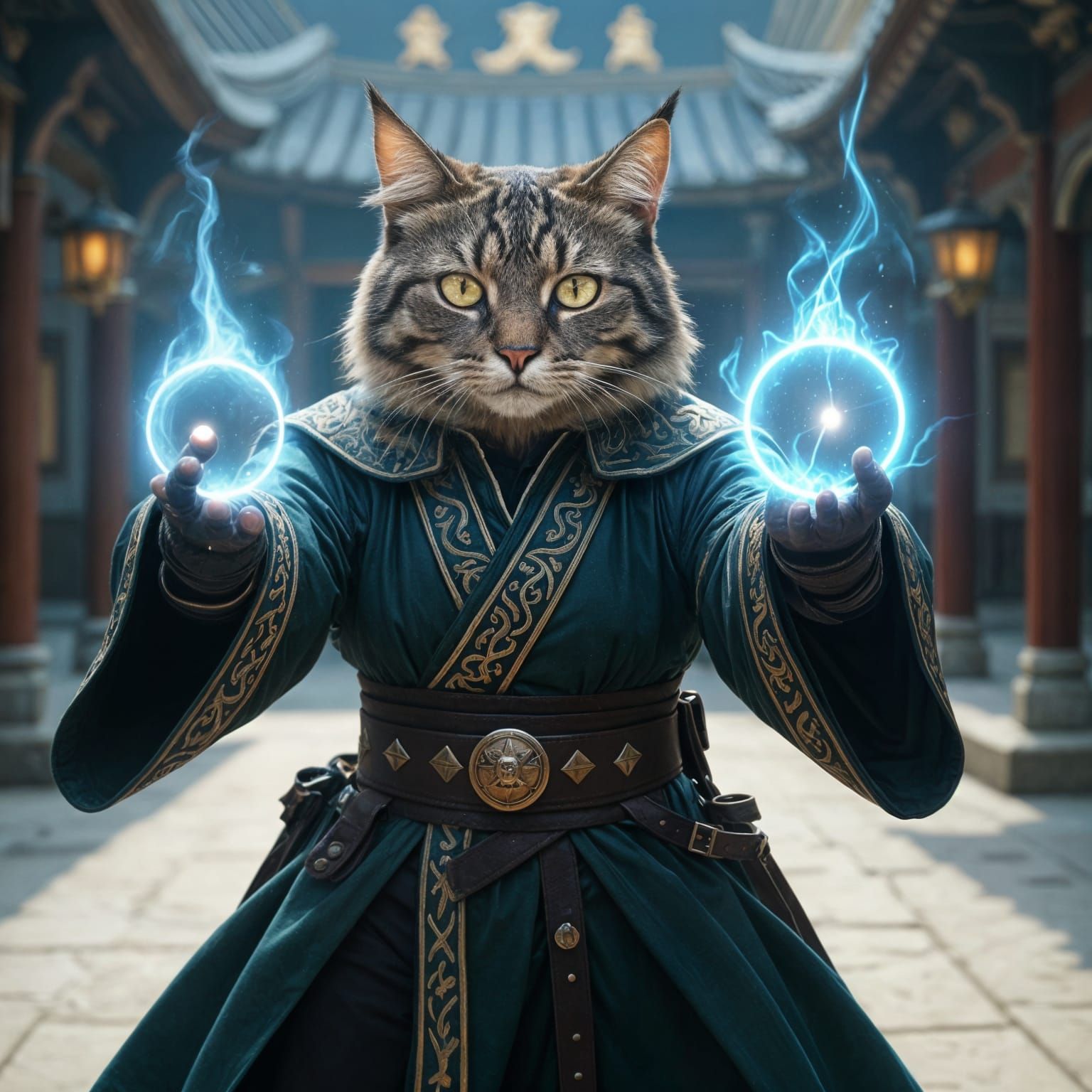 Muscular Warrior Cat Casting Magic in Cinematic Film Still