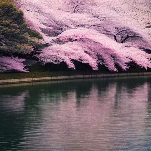 Japanese Lake Scene with Sakura Trees and Winter