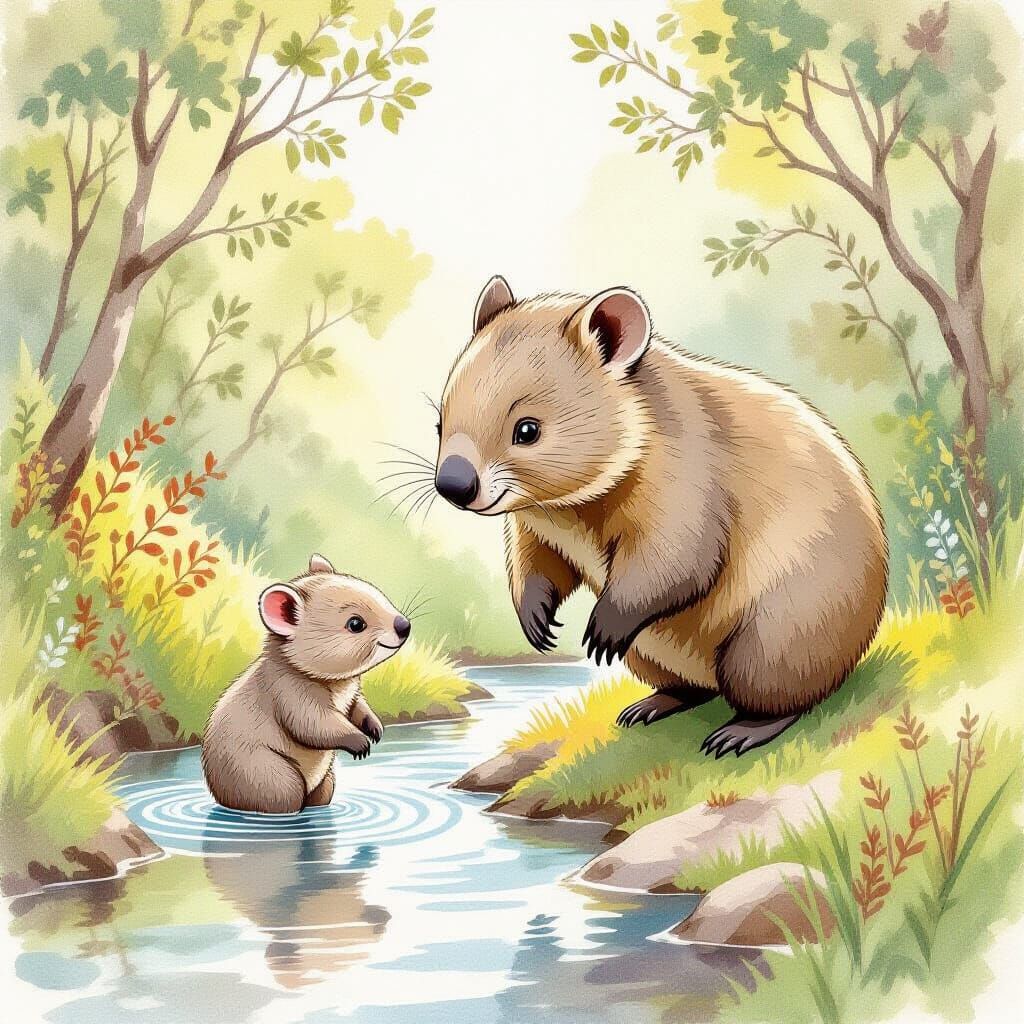 Whimsical Wombats Leap in Watercolor Style