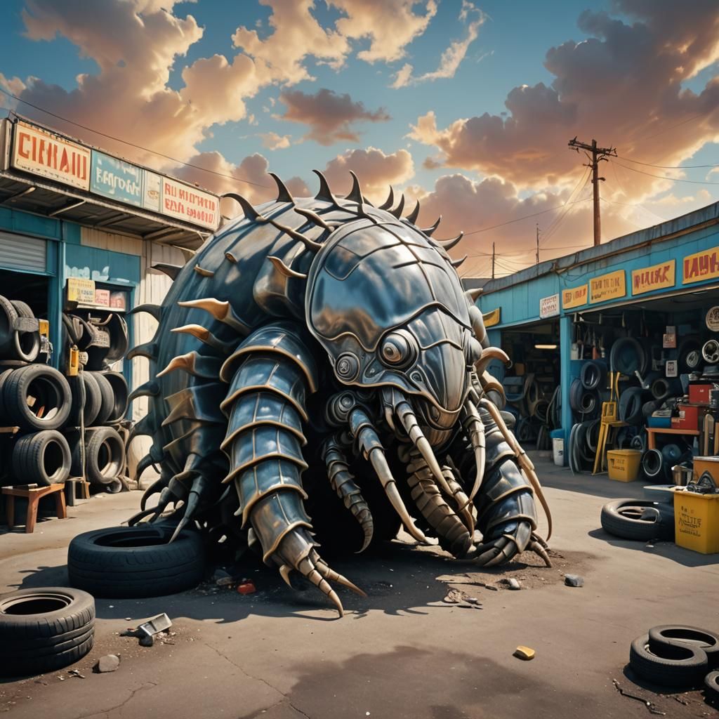 Surreal Deep Sea Isopod Invasion in Tire Shop