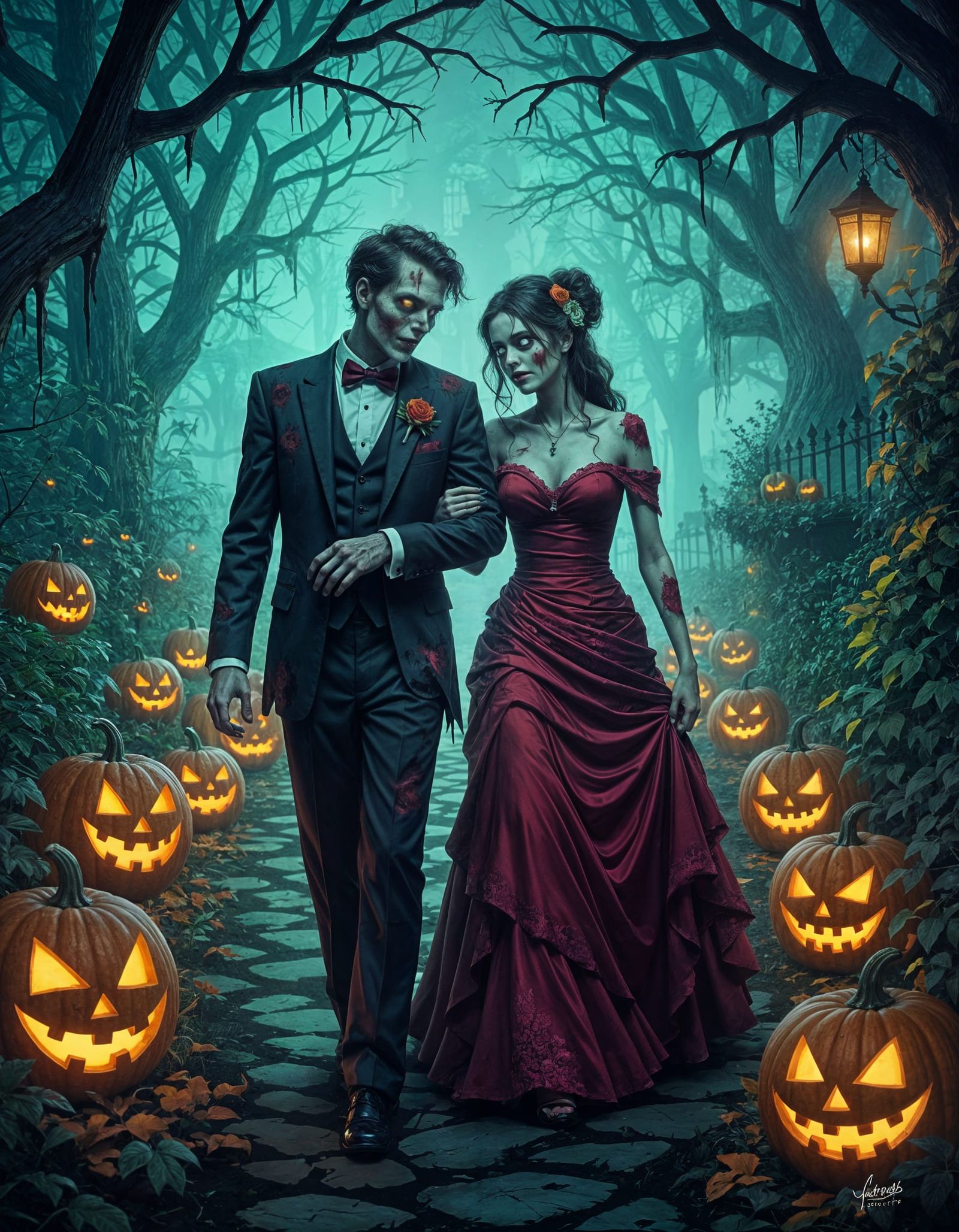 Zombie Couple Walks to Eerie Garden Prom Night