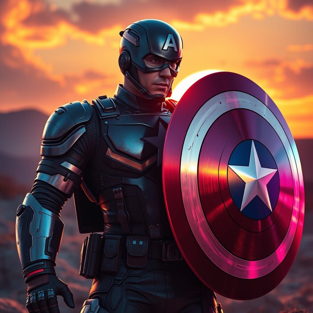 Captain America in Synthwave Sunset with Shield