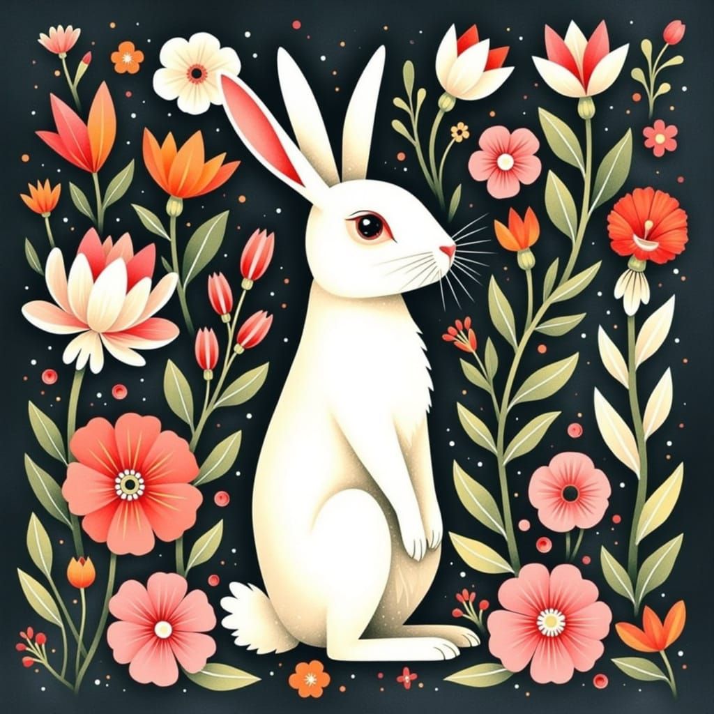 Whimsical White Rabbit in Vibrant Floral Wonderland