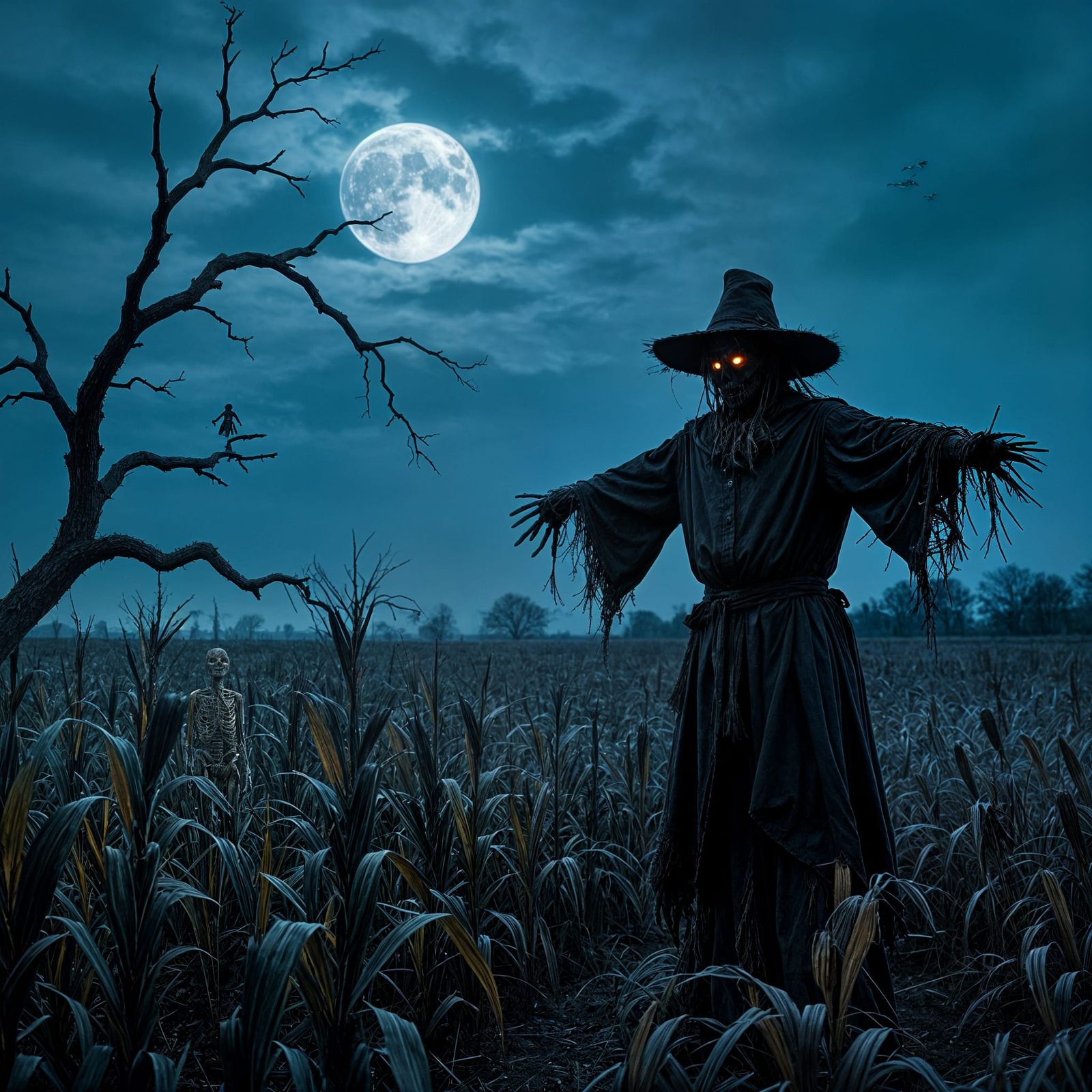 Lone Scarecrow in Moonlit Desolate Field