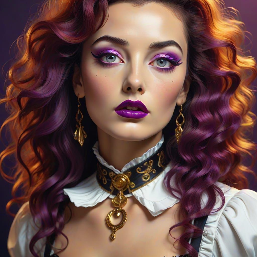 Crimson-Haired Woman with Purple Eyes, Hyperrealistic Digita...