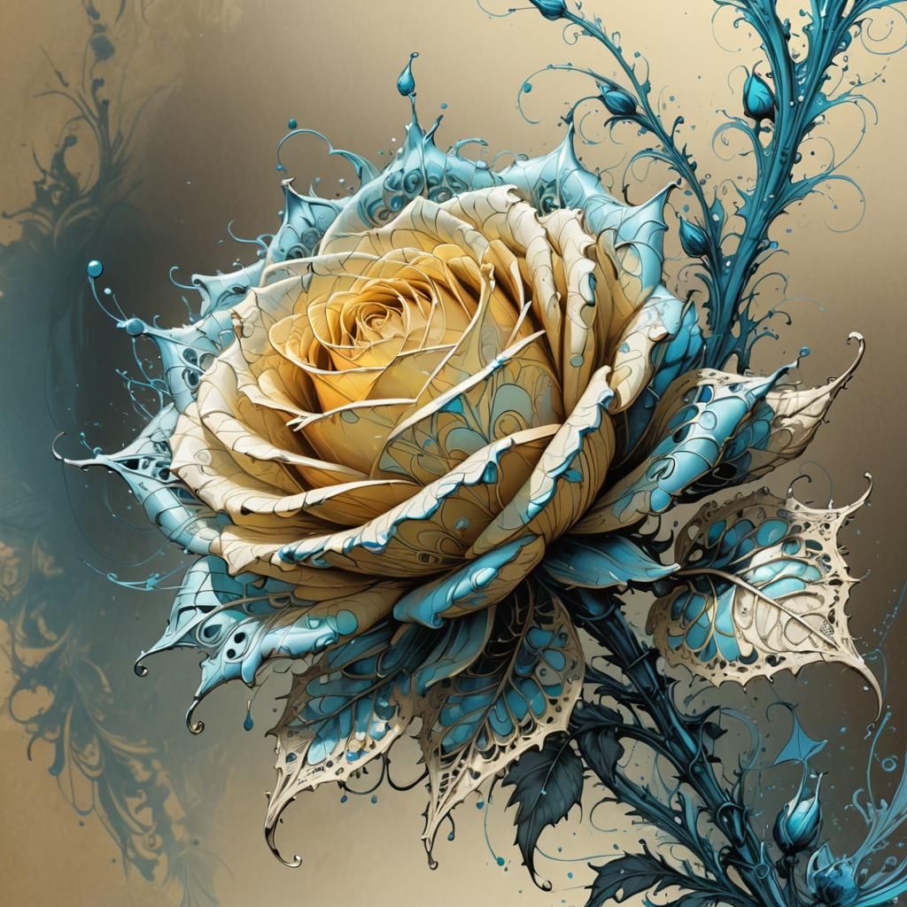 Filigree Fractal Rosebud in Neon Blue Ink
