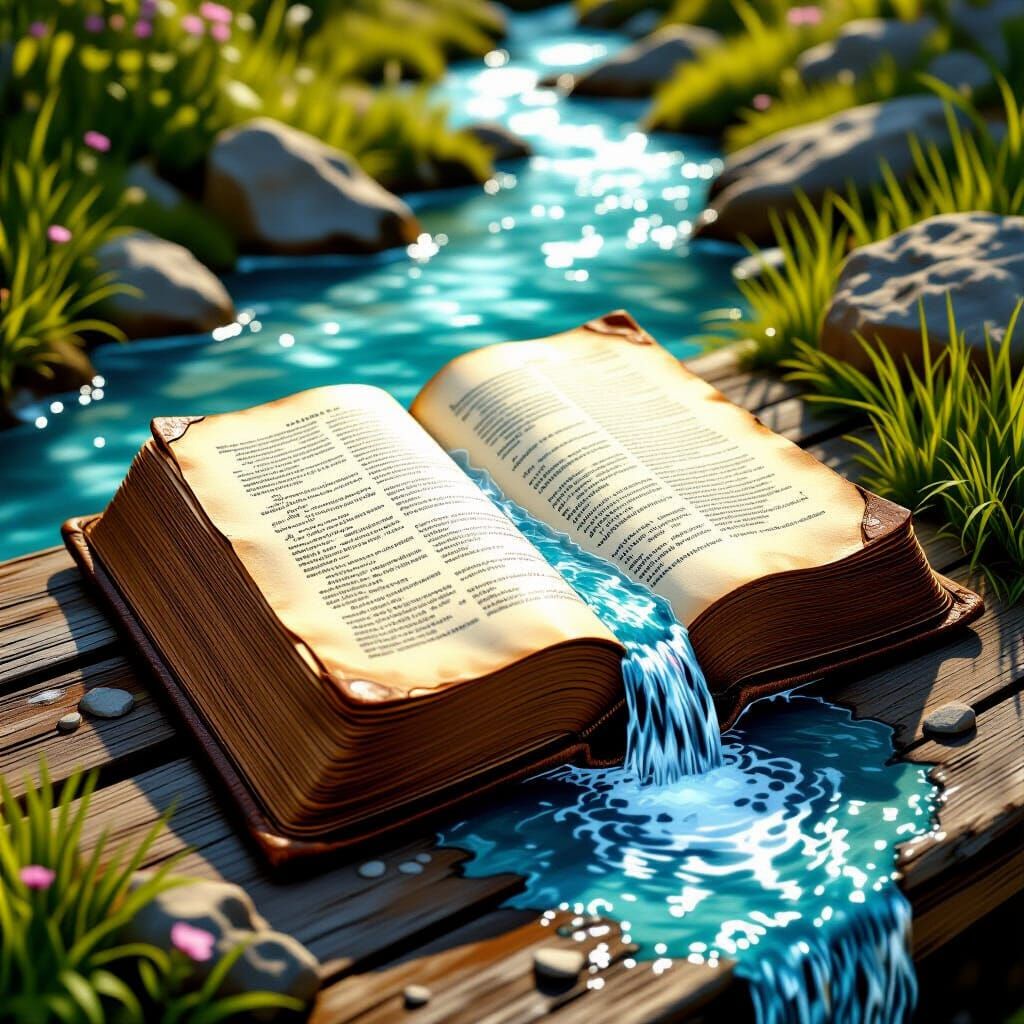 River Flowing Through Book, Photorealistic Digital Art