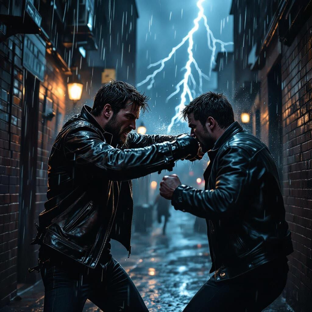 Hyperrealistic Fight in Dark Alley with Lightning