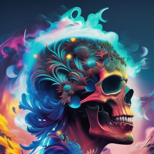Psychedelic Skull Exploding with Flower Flames