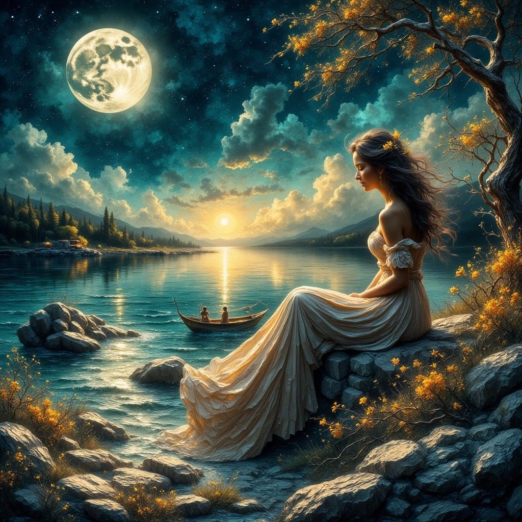 Art Nouveau Woman Overlooking Moonlit Bay