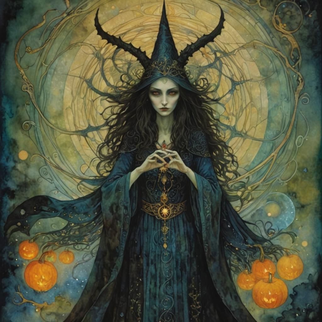 Witch Summoning Demon Home: Intricate Illustration