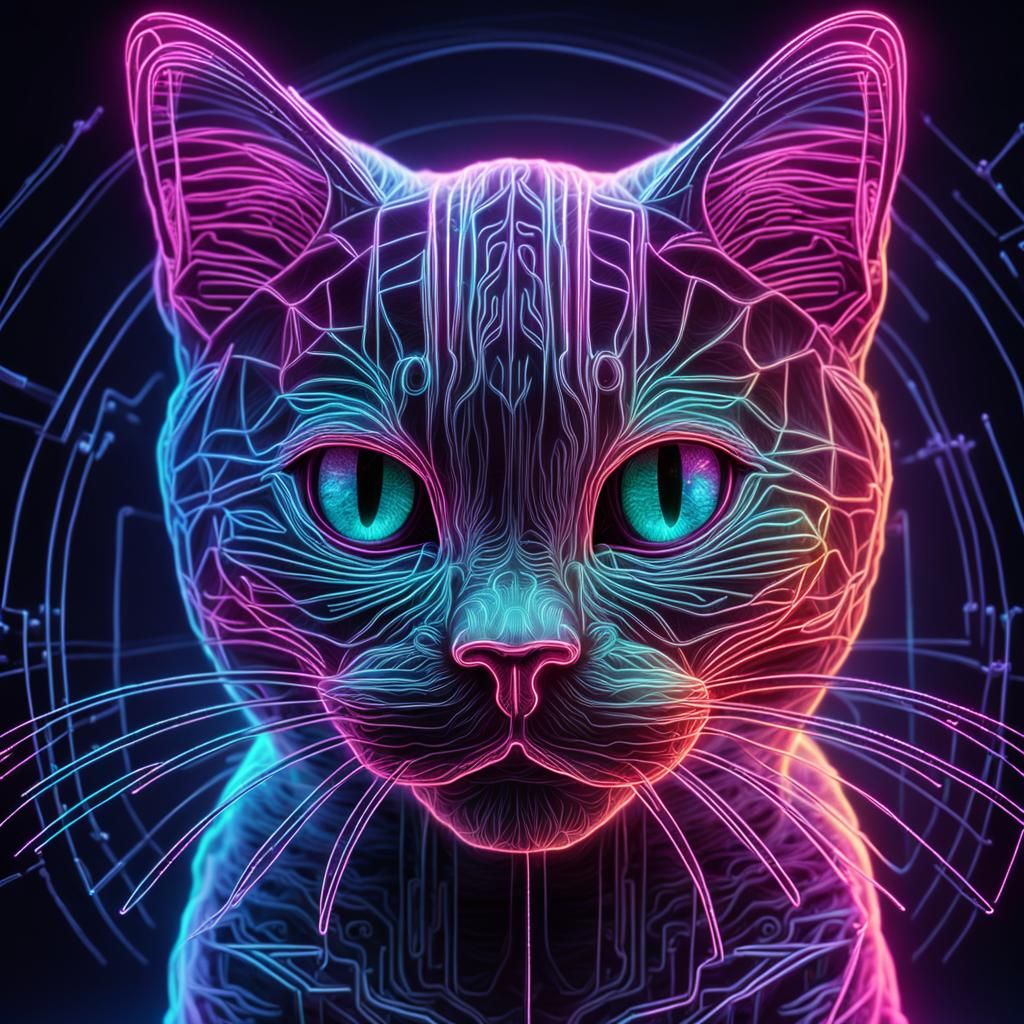 Glowing neon wireframe cat