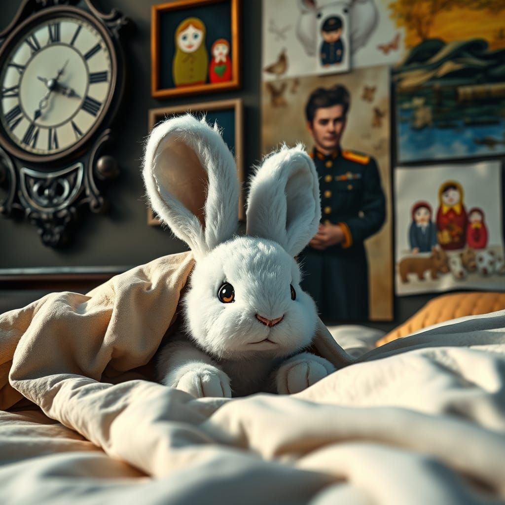 Whimsical Snow-White Doll Bunny in a Cozy Bedroom Scene