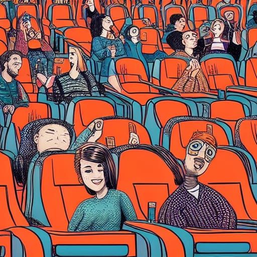 People in a Cinema: Detailed Comic Book Art