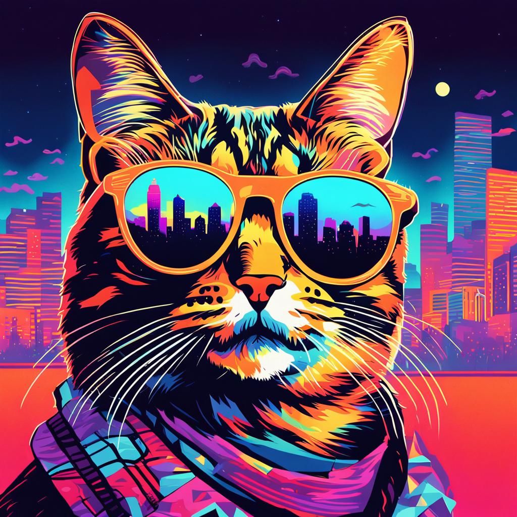 Psychedelic Cat in Pop Art Cityscape