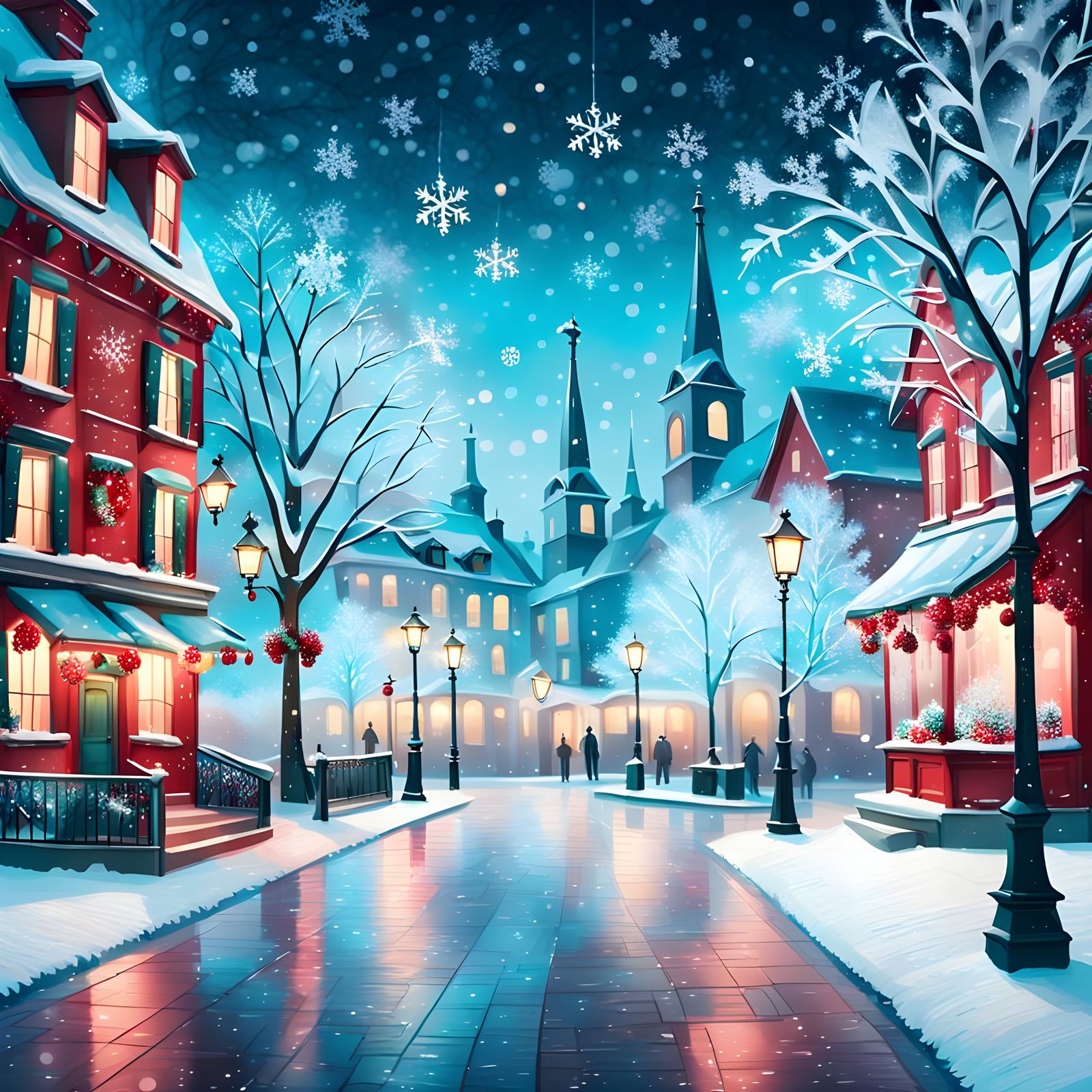 Winter Wonderland in Vibrant Cyan and Red Hues