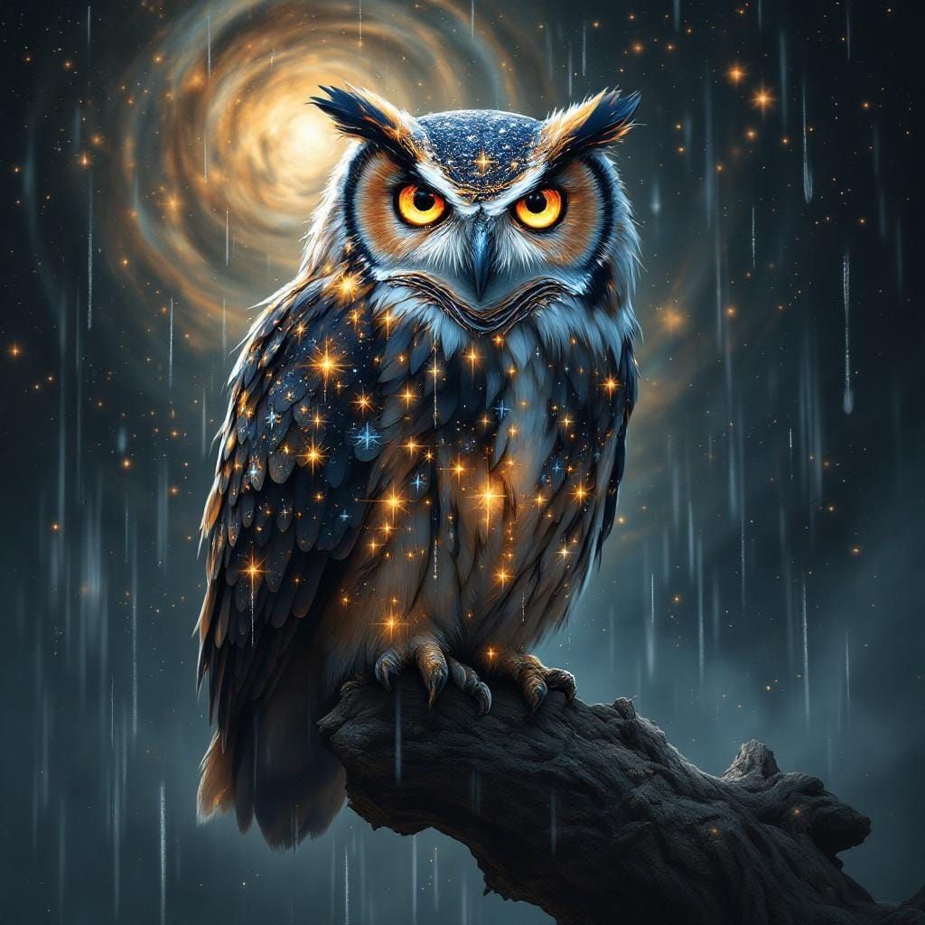 Cosmic Owl Perched on Tree Branch in Digital Painting