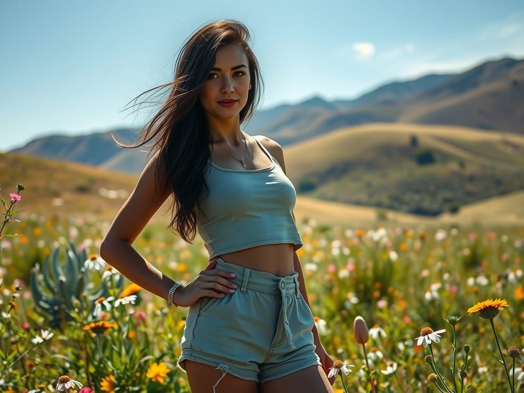 Woman Posing in Meadow, Impressionist Style