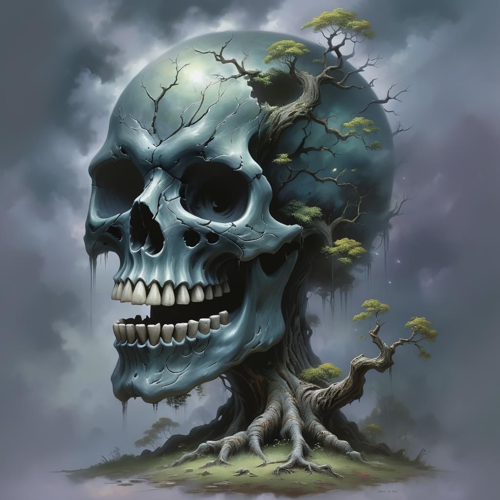 Ethereal Skull Tree in a Fantasy Landscape
