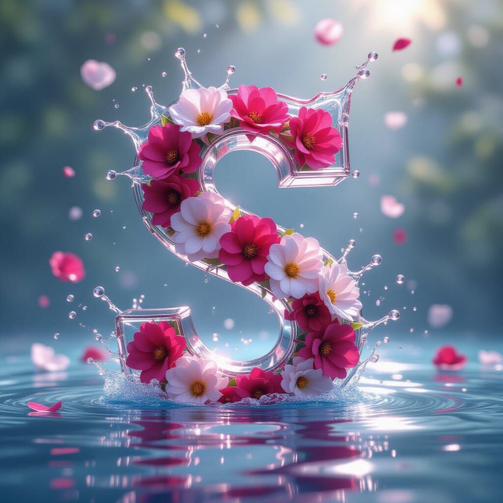 Glass Letter S with Peonies in Splash Art Style