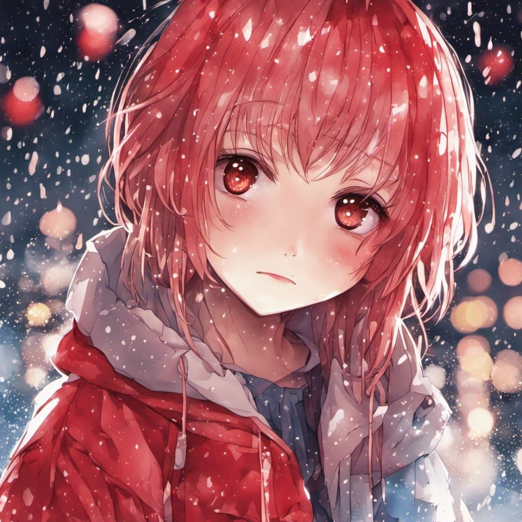 Crying Girl with Red Blush in Rainy Manga Style