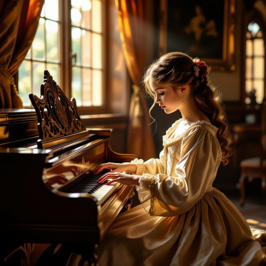 Princess Plays Ancient Spinet in Sunlit Baroque Chamber