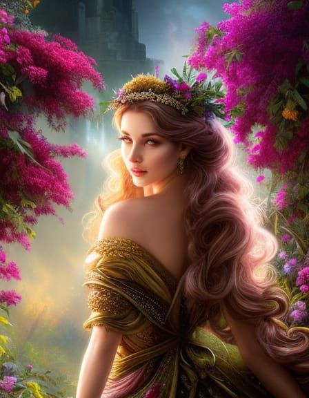 Princess with Rose Crown in Magical Garden