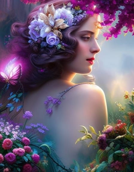 Rose Crown Princess in Magical Garden, Digital Art