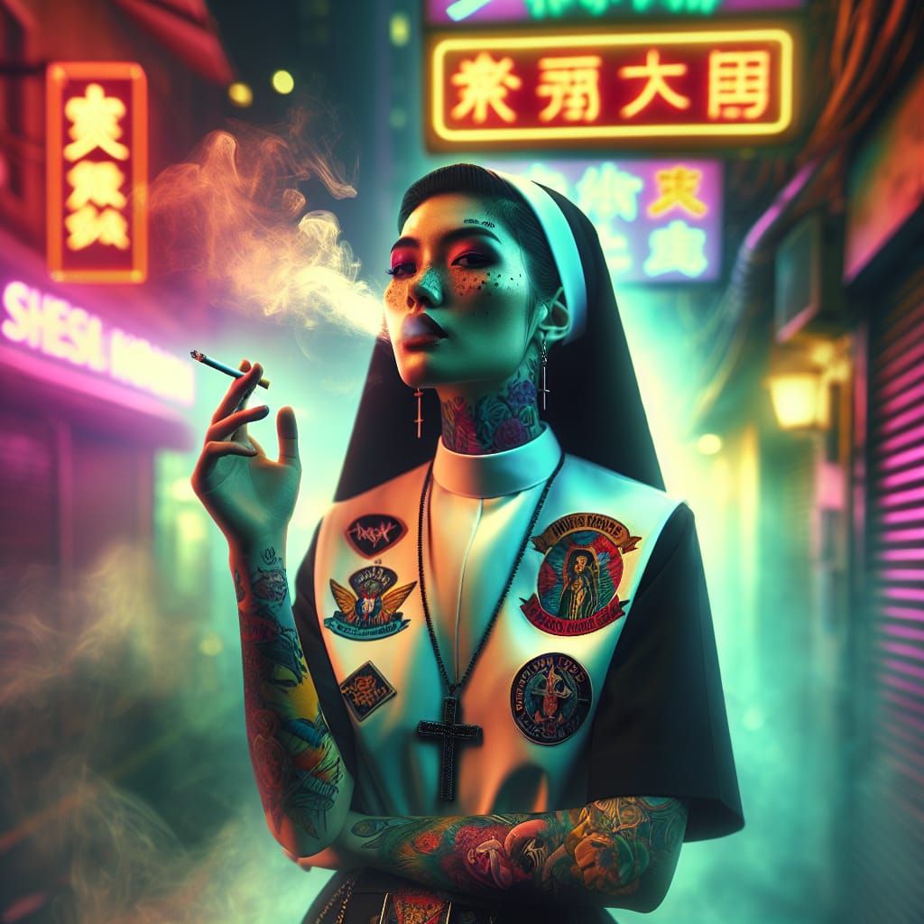 Rebellious Nun in Dimly Lit Alleyway